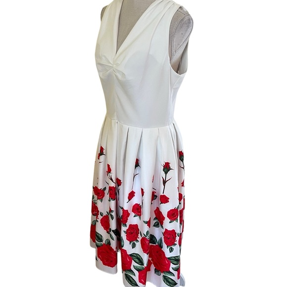 Belle Pogue White Sleeveless Fit & Flare Midi Dress with Red Rose Print - Picture 4 of 9